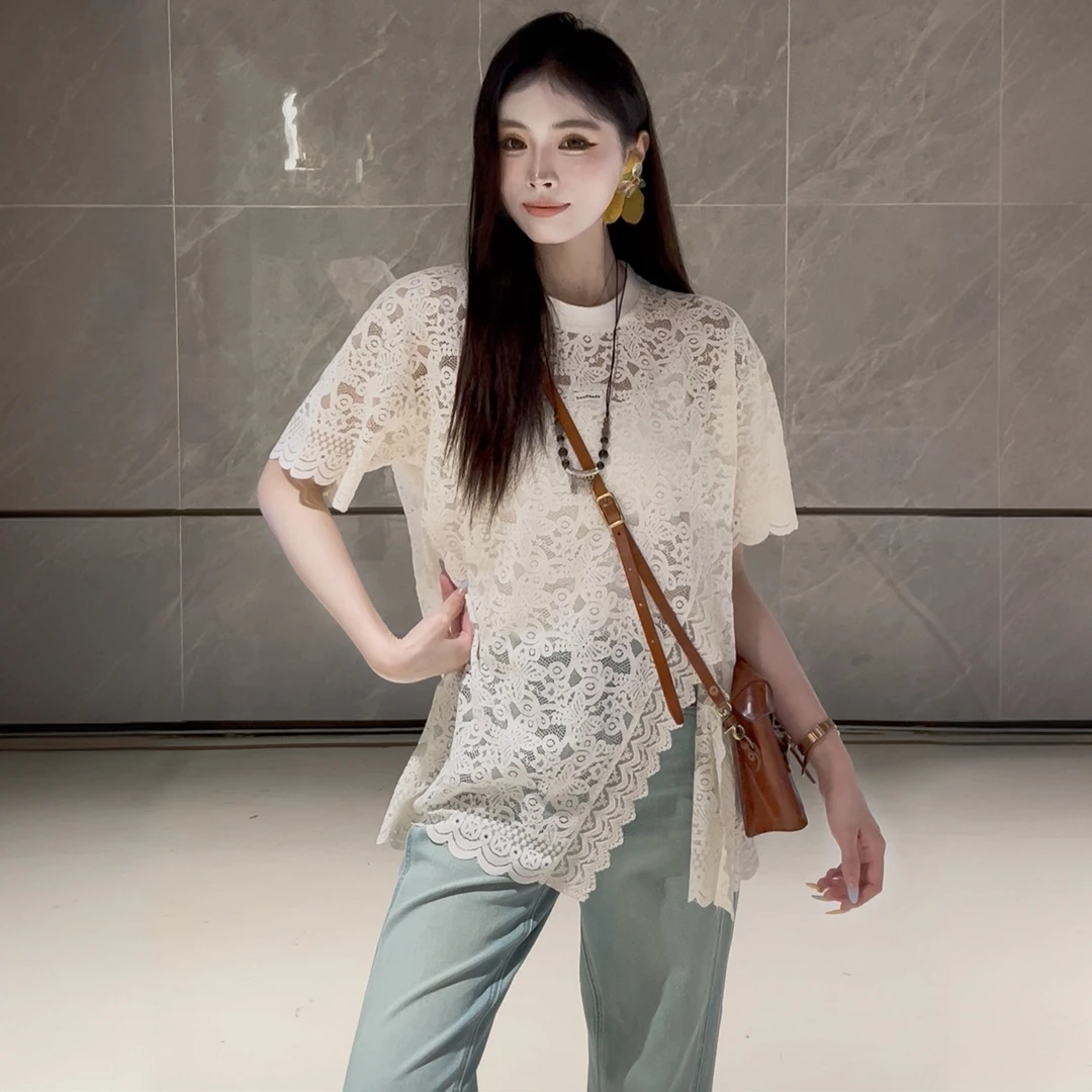 法式提花镂空蕾丝短袖t恤女夏季新款设计感开叉防晒罩衫上衣2567#