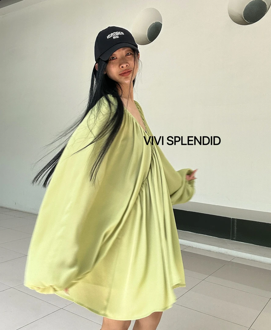 VIVISPLENDID20225#（定制NO退NO换）蝙蝠袖夏日青提色连衣裙