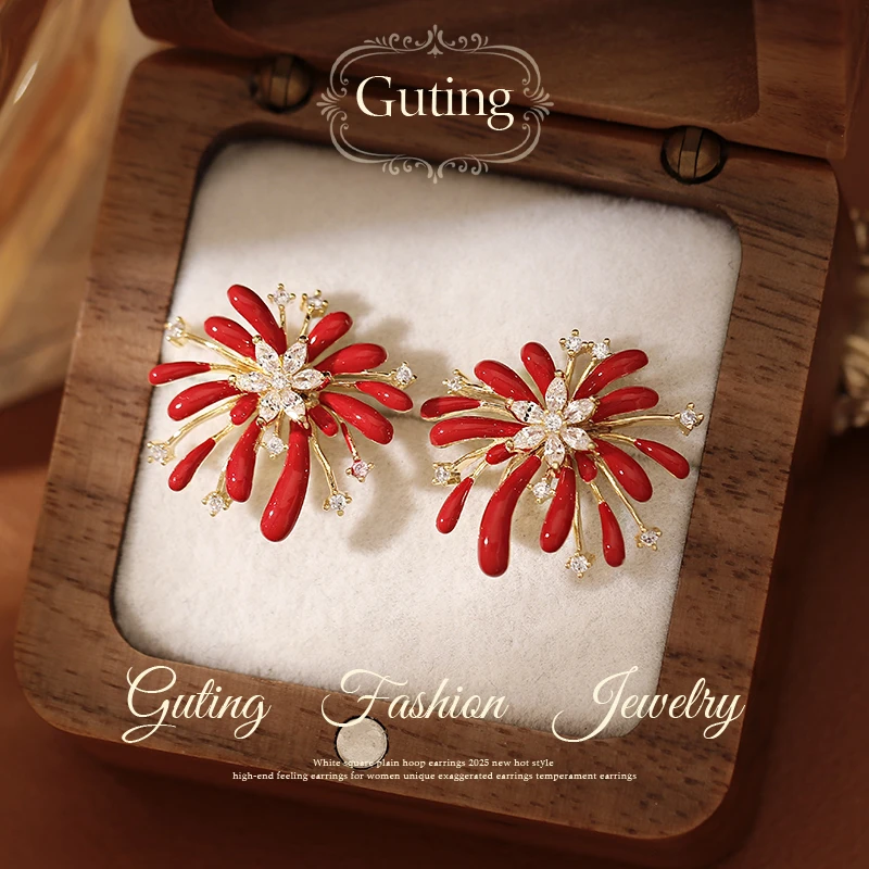 铜合金合成锆石耳饰 22784红色花朵耳钉女秋冬耳饰轻奢高级感耳环
