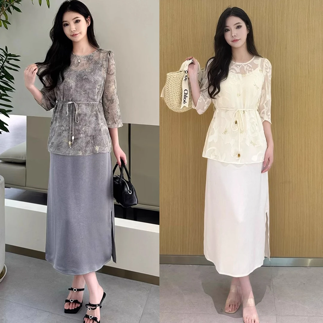 气质连衣裙套装女夏季新款雪纺上衣+中长款醋酸吊带连衣裙两件套