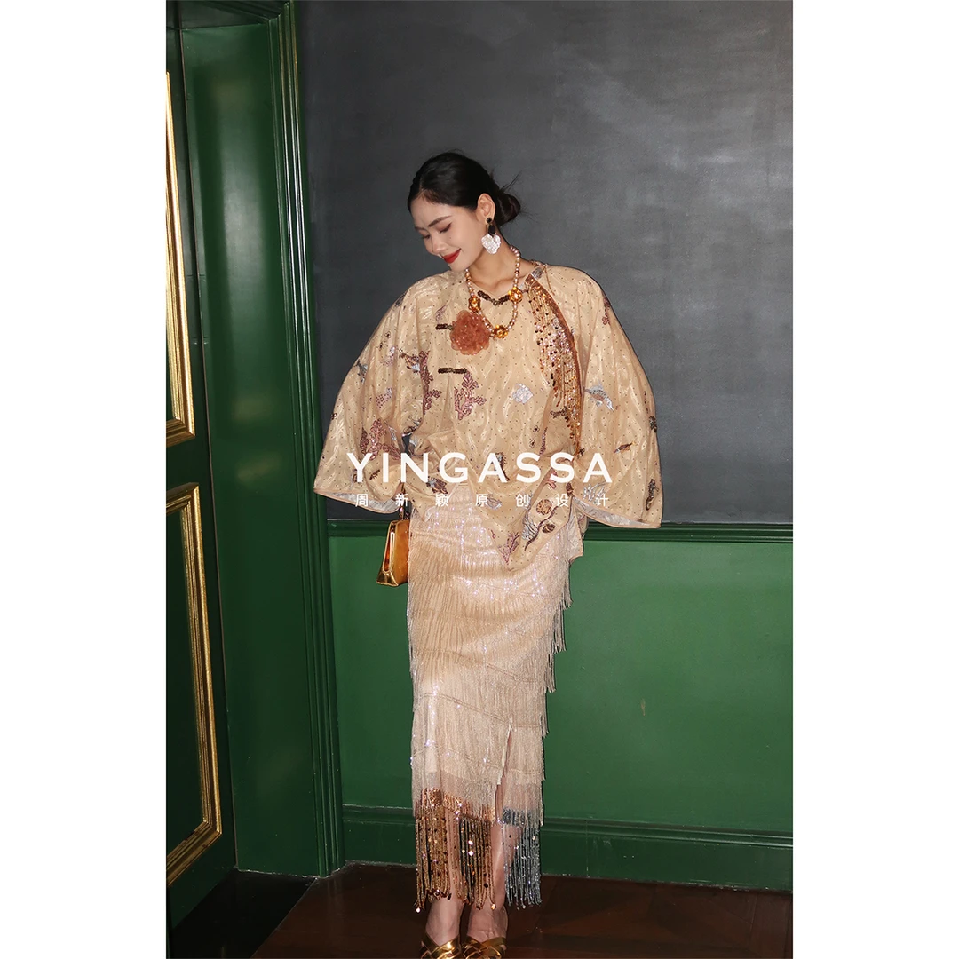 YINGASSA【浮光跃金】原创夏款重工天花板奢华层次感流苏刺绣半身裙