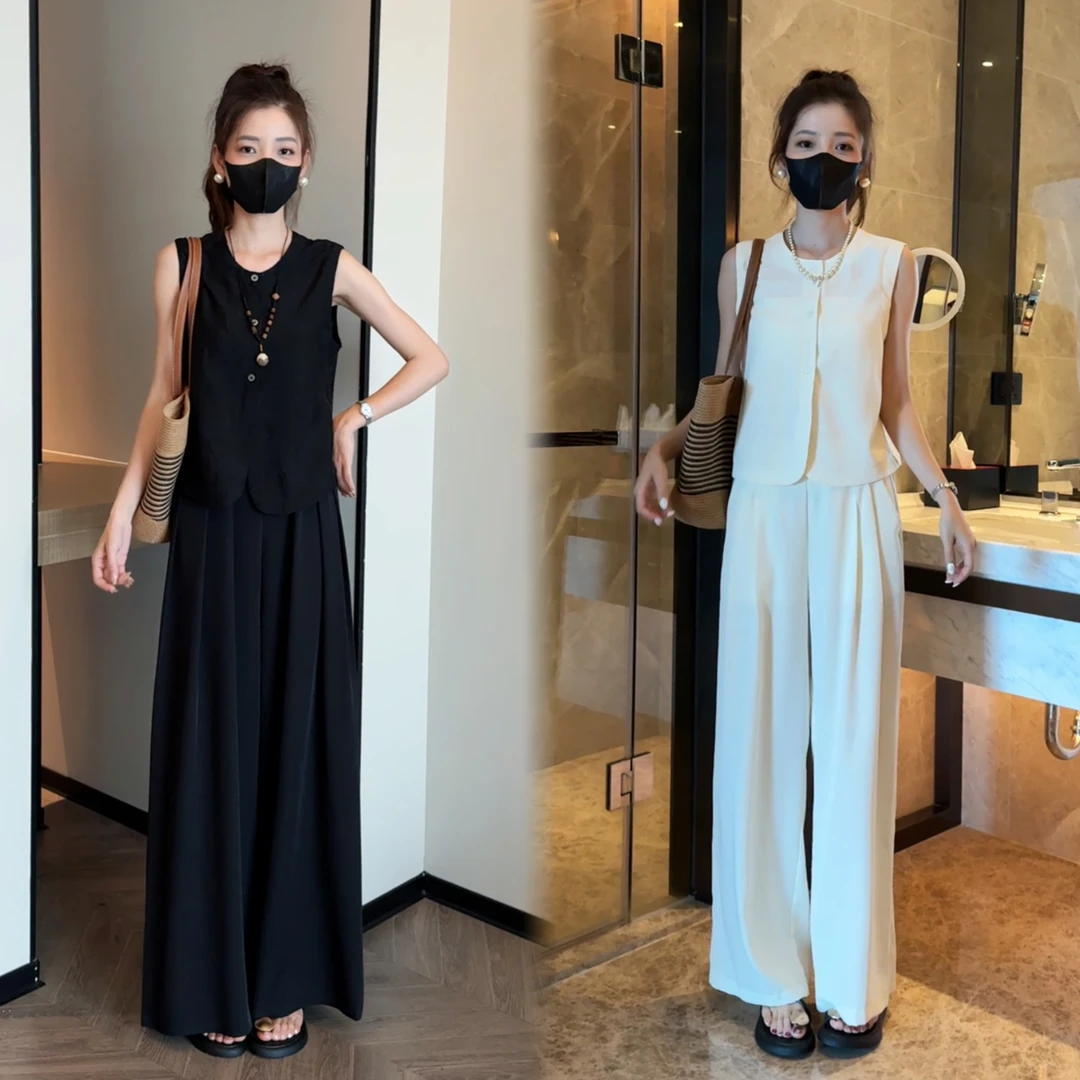 2025夏季韩版单排扣马甲+高腰阔腿西裤丝滑抗皱两件套套装