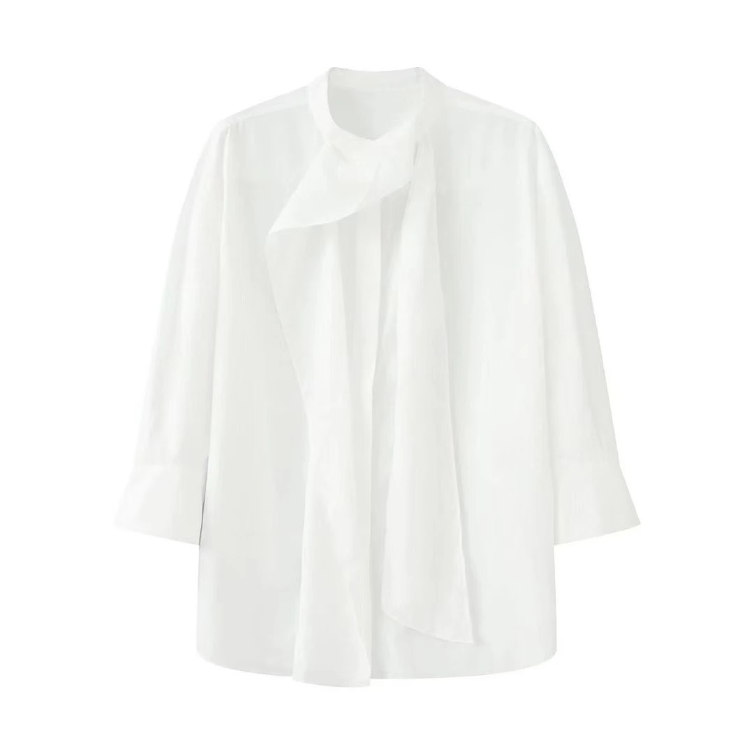 早秋新款白色飘带领七分袖百搭休闲减龄衬衫女AB503015