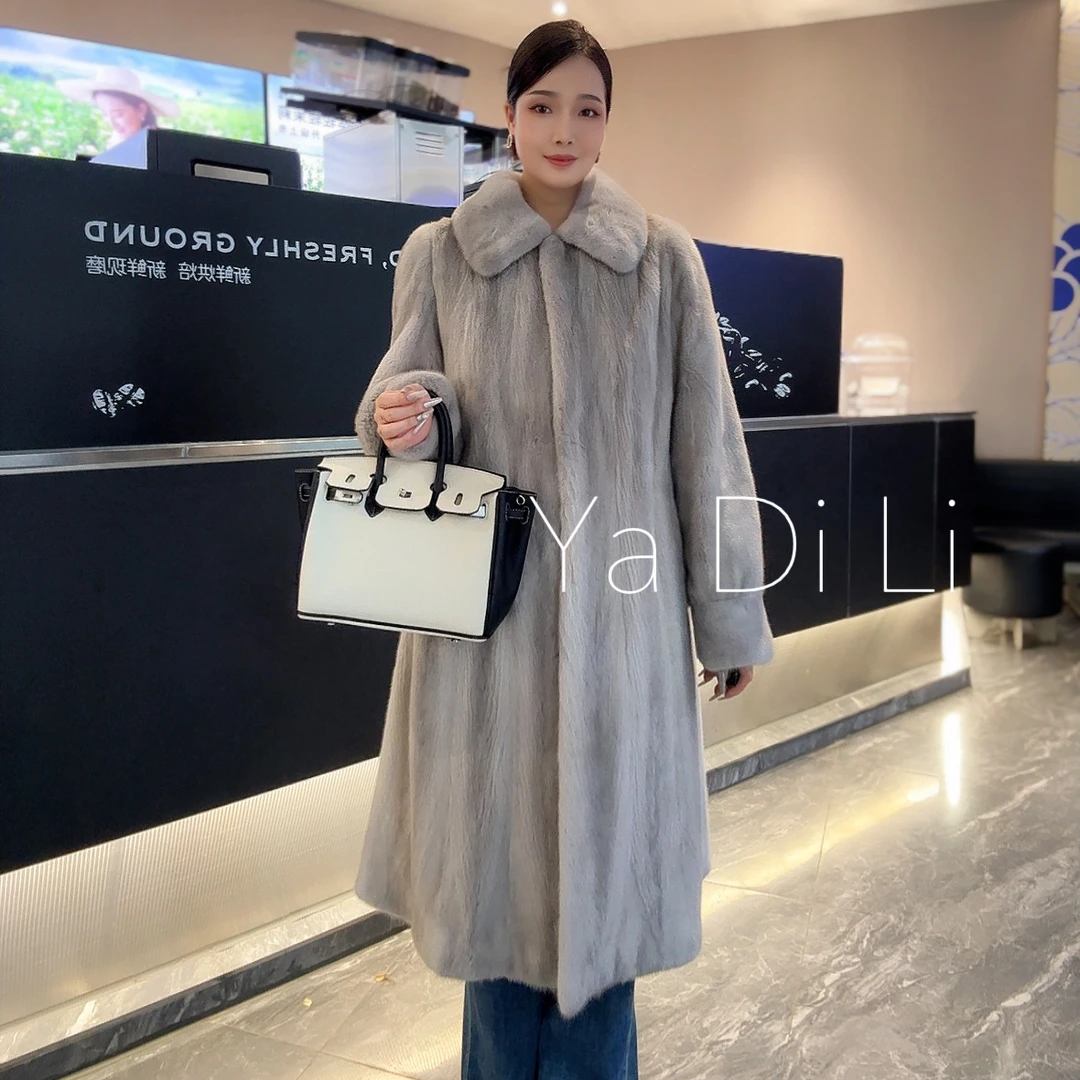 全抽进口水貂皮大衣蓝宝石女小母貂长款皮草外套方领冬季