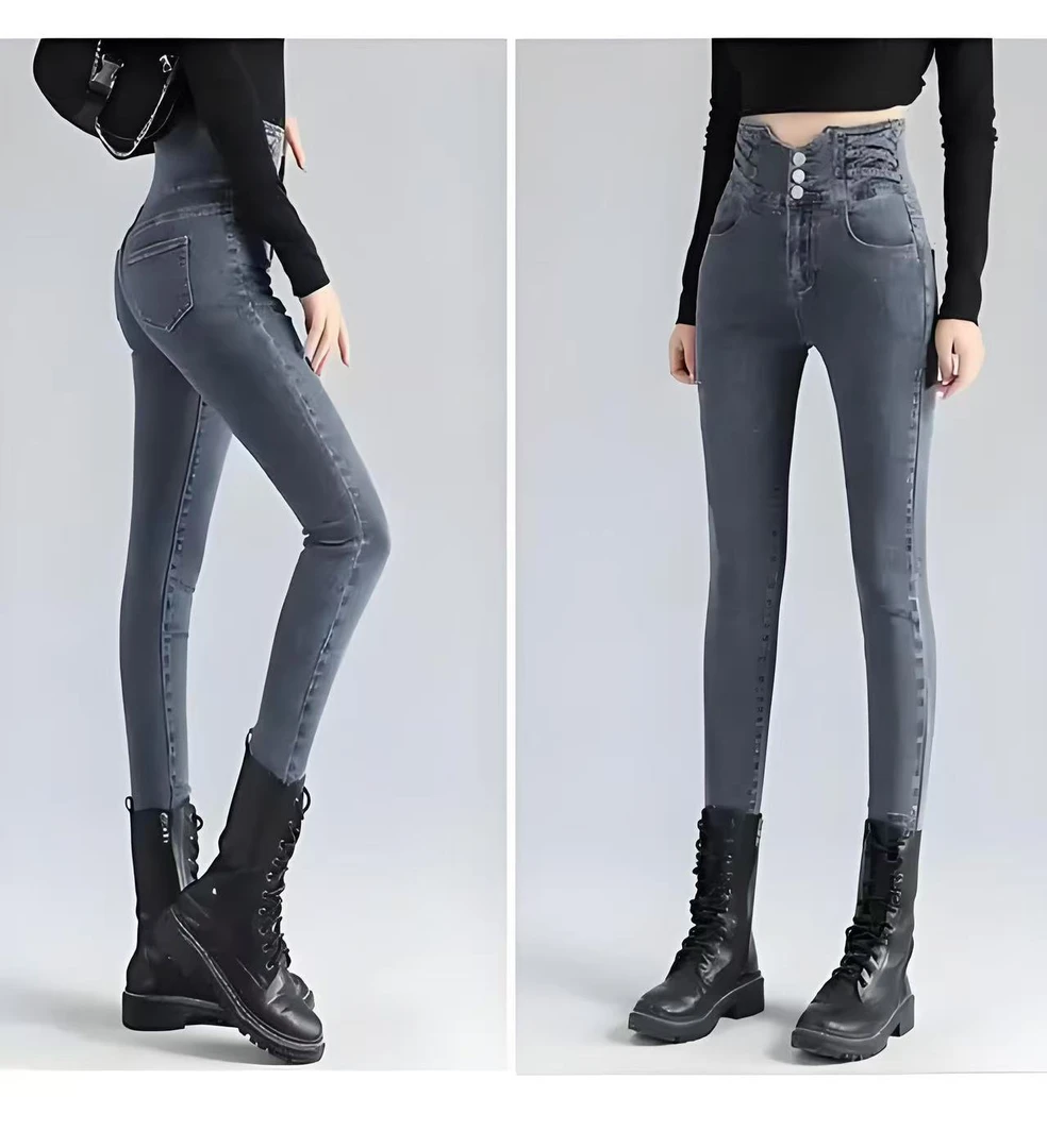 裤子弹力铅笔裤百搭牛仔裤小黑裤厚款高腰薄绒小脚裤秋冬时尚