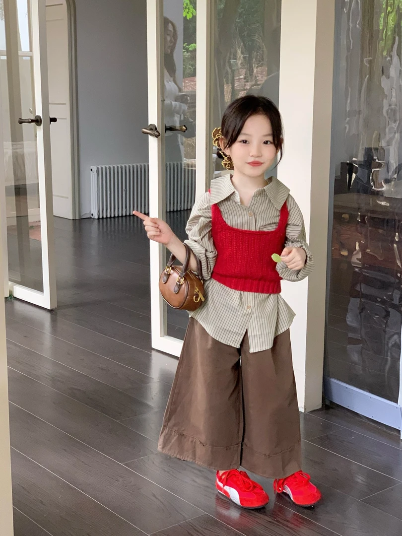 大橙子Studio女童2025秋季新款短款浆果红背心针织吊带阔腿裤套装