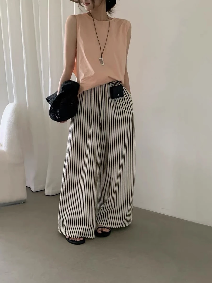 新款夏季竖条纹裤子女复古宽松显瘦直筒拖地裤小个子休闲阔腿裤