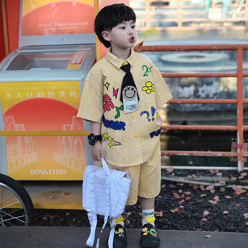 男童夏装衬衫套装2025新款儿童痞帅涂鸦花衬衣男孩沙滩海边两件套