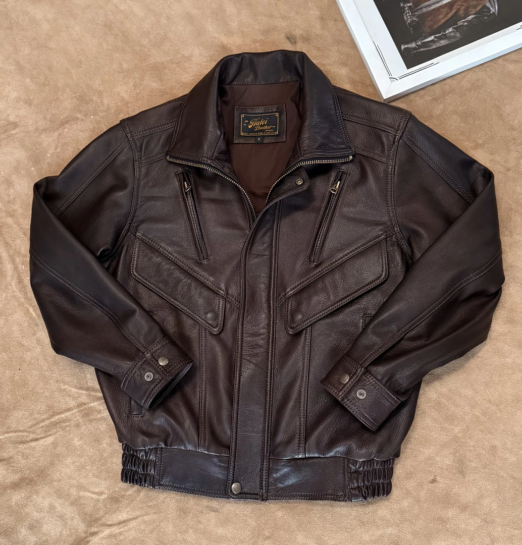 上新新款港风山羊皮经典复古男士短款翻领休闲真皮外套百搭修身