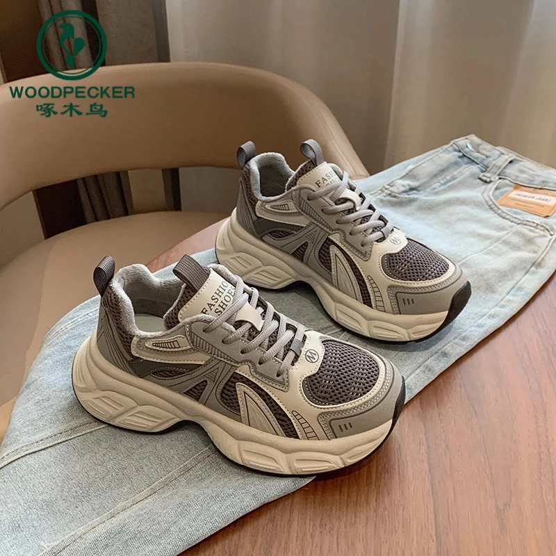 啄木鸟厚底加绒老爹鞋女款2024冬季新款百搭休闲鞋女保暖运动棉鞋