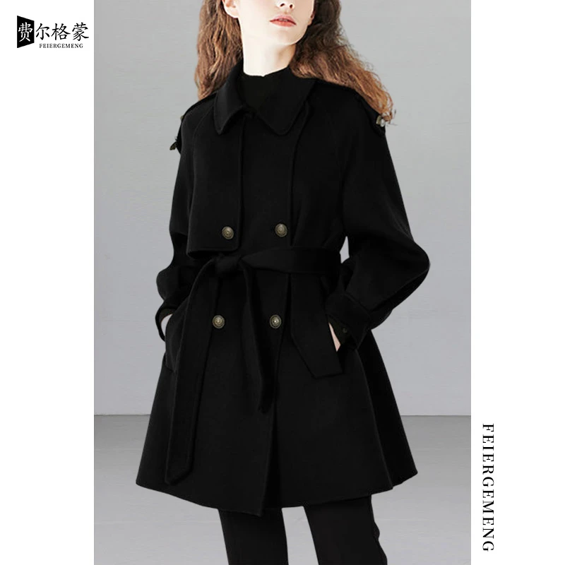 赫本风黑色秋冬毛呢外套女冬季新款女修身显瘦轻奢名牌上档次风衣