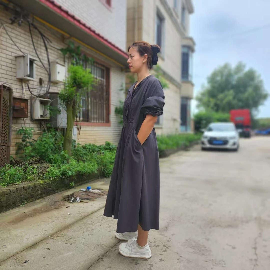 九分袖休闲风连体灰色宽松纯色女装简约中长款长裙