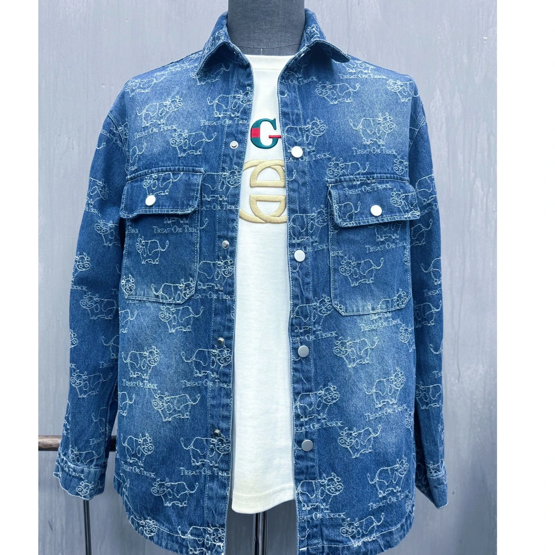 潮牌2025春季男女情侣款满印花复古时尚牛仔衬衫外套中长款