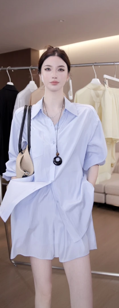 2025夏季长袖百搭衬衣上衣白色宽松慵懒polo领衬衫防晒套装