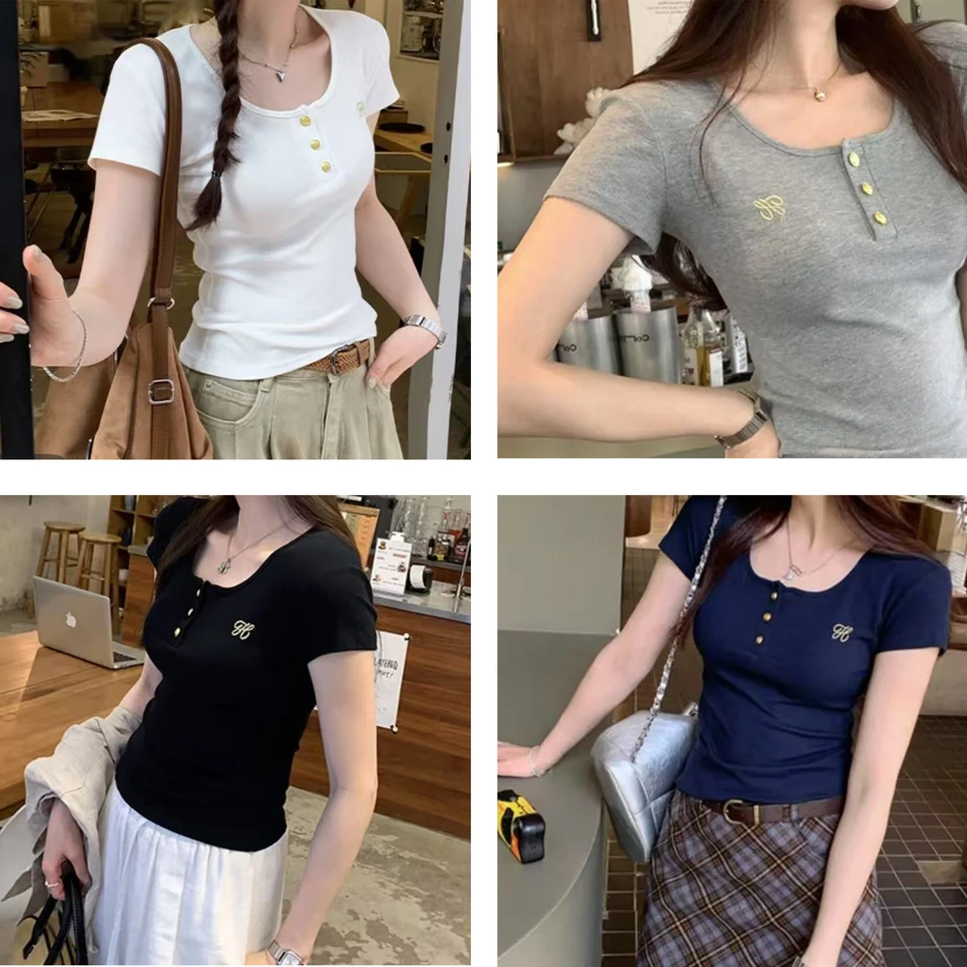 【RRSIFU蓉蓉私服】XS2392刺绣正肩辣妹修身显瘦漂亮短袖T恤