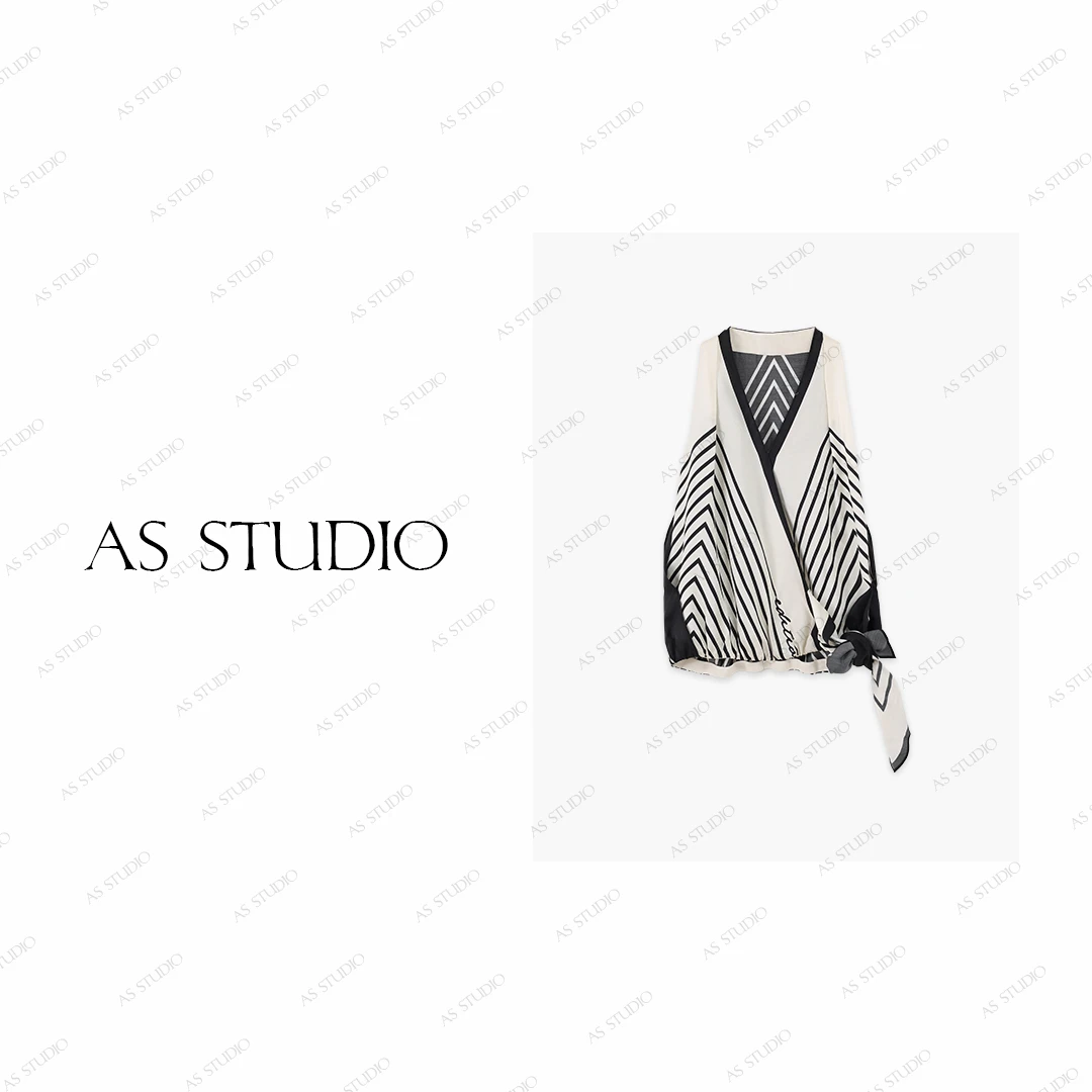 【AS铭莱】25新高级印花时尚条纹挂脖绑带收腰上衣AS25XXS01317