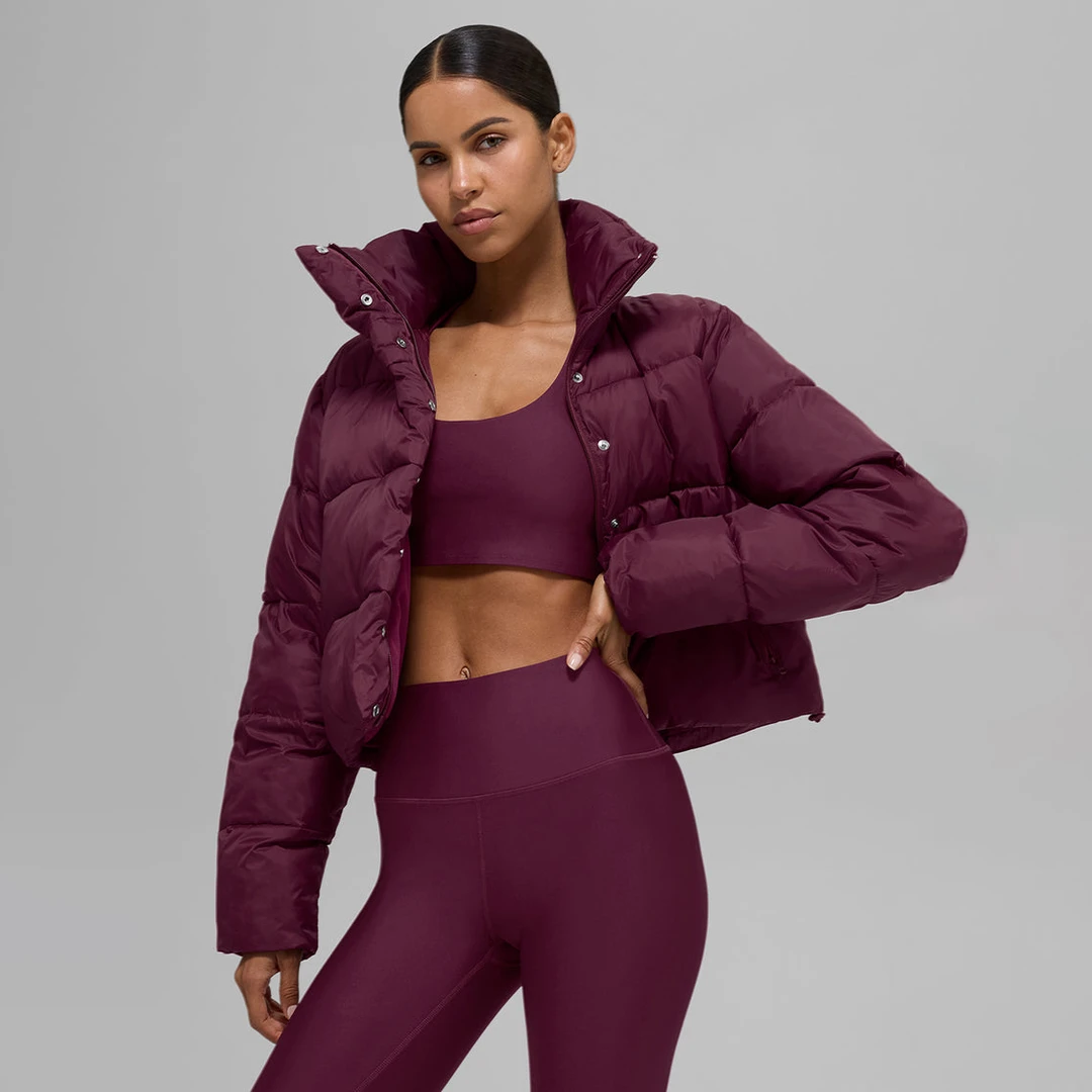 Alo yoga 短款纯色长袖棉服 女款 酒红色