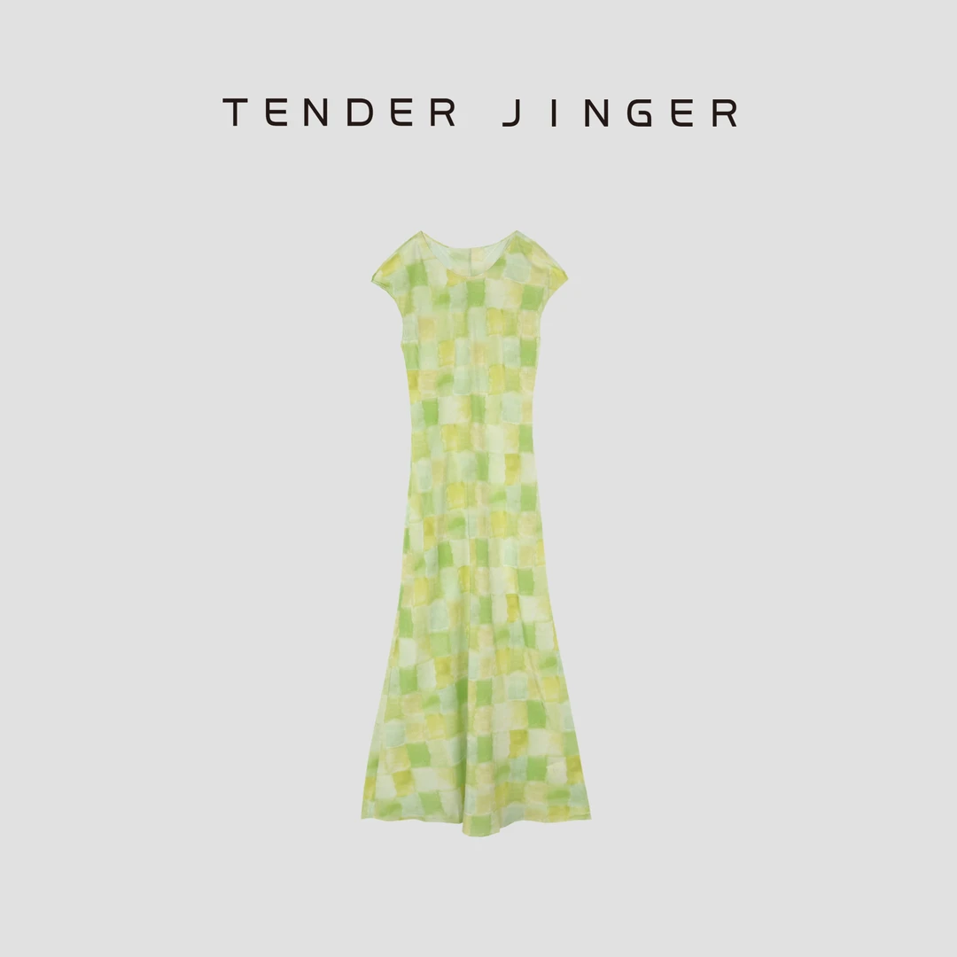 Tender Jinger圆领黄绿格小飞袖真丝连衣裙T52KP80889