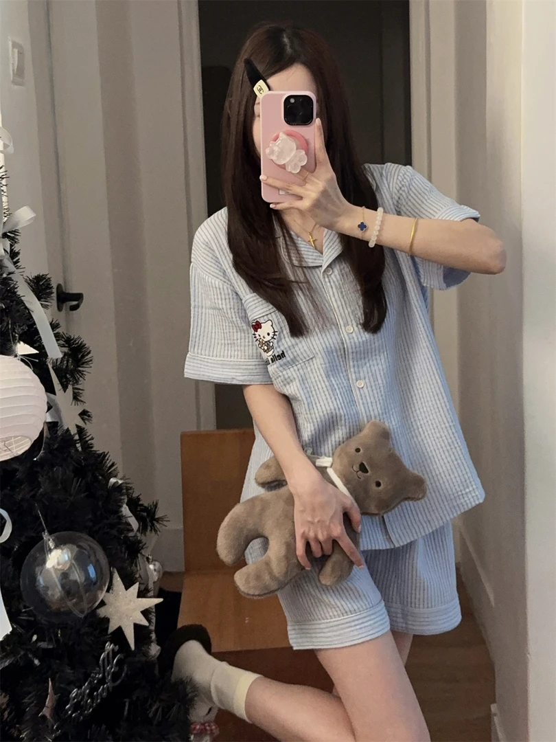 韩系可爱夏季纯棉纱布双层纱睡衣女短袖短裤可外穿家居服套装新款