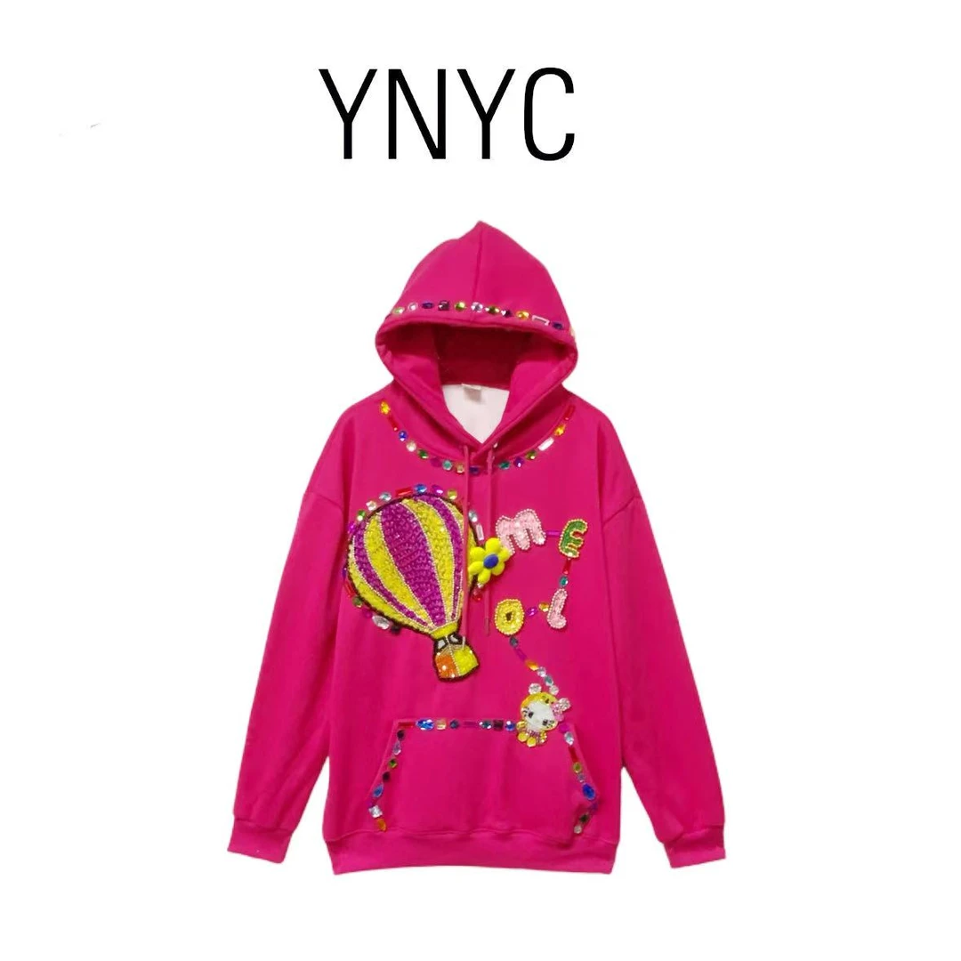 YNYC【依诺原创定制款不退不换】 重工钉珠玫红色连帽卫衣 DZ250998
