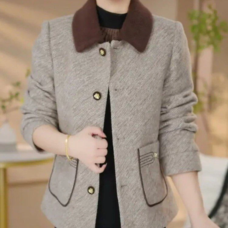 常规翻领秋季女直下摆薄款短外套春秋短款毛呢洋气