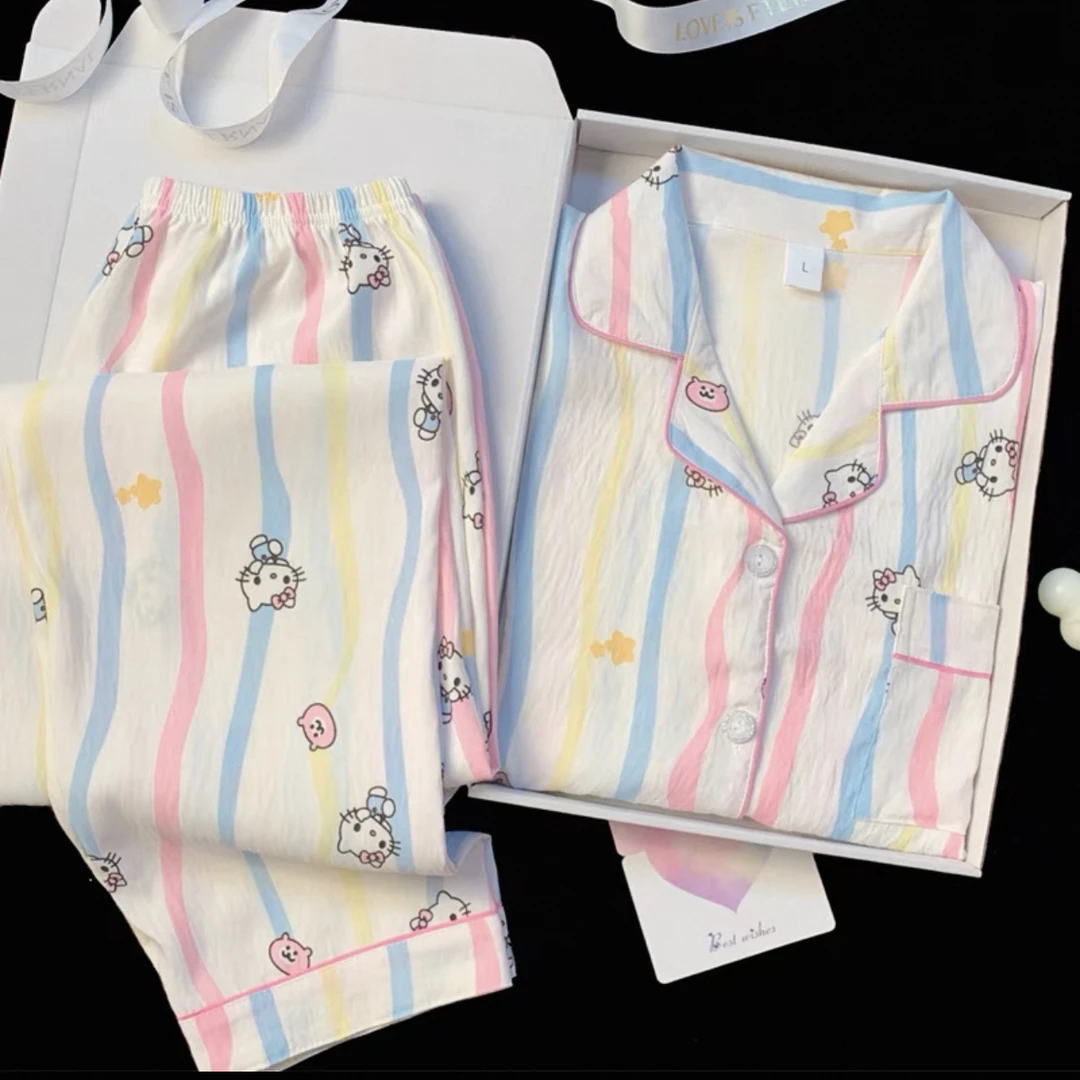 333*云朵绵三件套短袖短裤长裤可爱卡通睡衣少女KT猫家居服套装