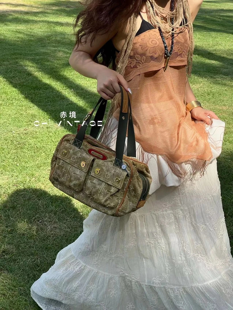 95新 LouisVuitton/路易威登 6123 绿色丹宁丛林限定波士顿手提包