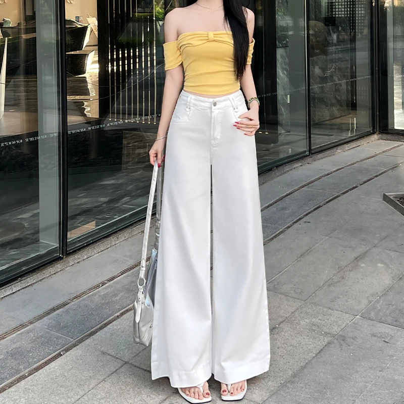 莱赛尔天丝白色阔腿牛仔裤女2025年秋季新款高腰显瘦小个子宽松裤