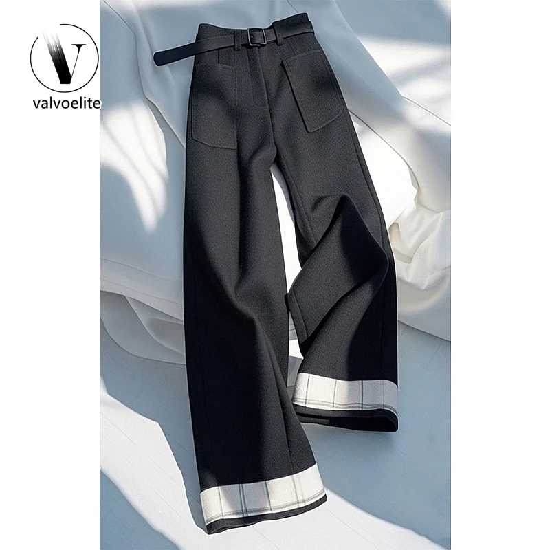 VALVOELITE2024秋冬季新款高级感时尚洋气高腰显瘦格纹拼接阔腿裤
