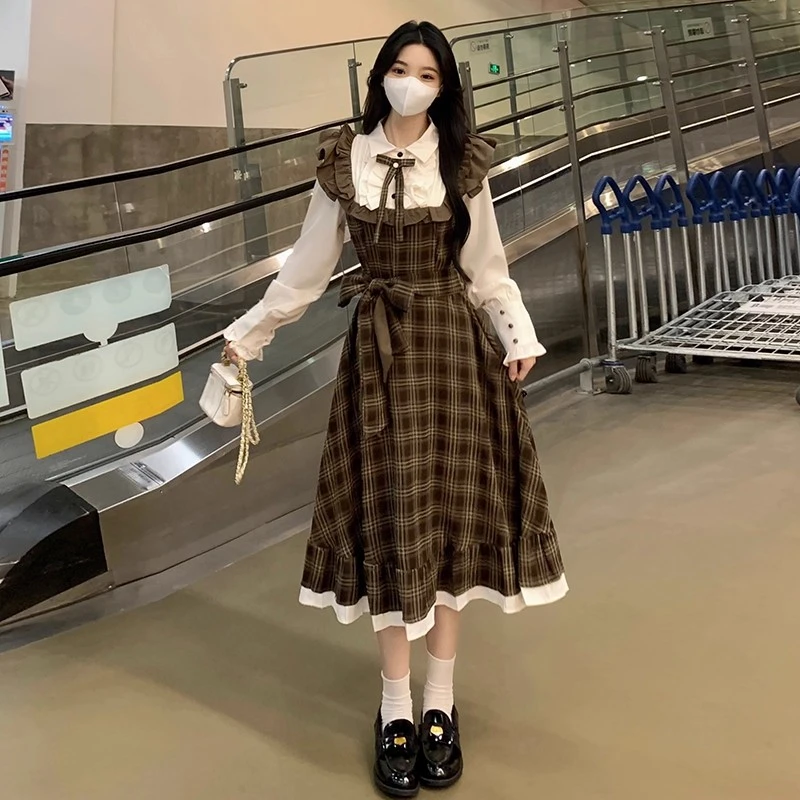 日系文艺复古格纹假两件连衣裙女秋季新款绑带收腰显瘦学院风长裙