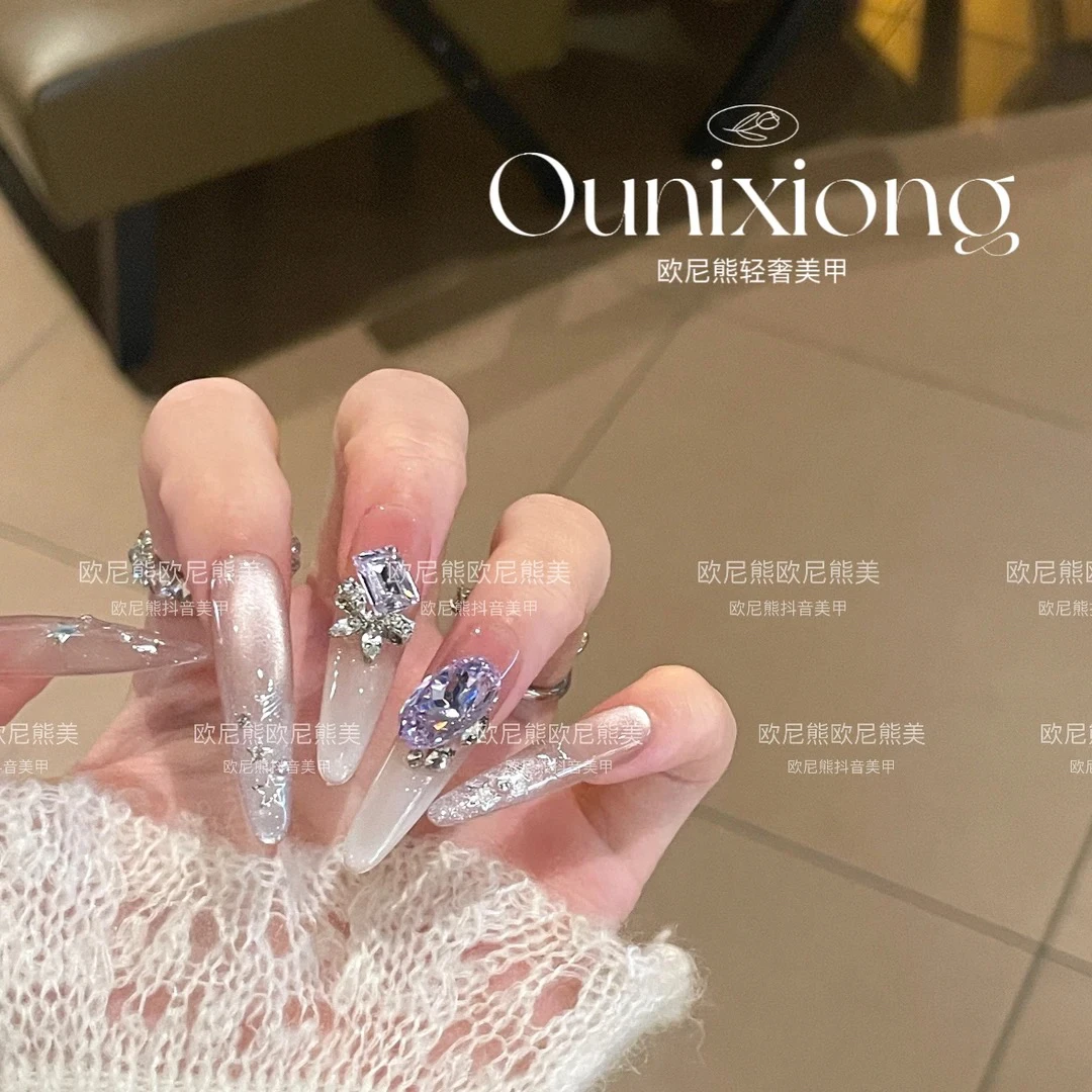 高级气质纯手工穿戴猫眼爱心钻长爱心爆闪蝴蝶美甲