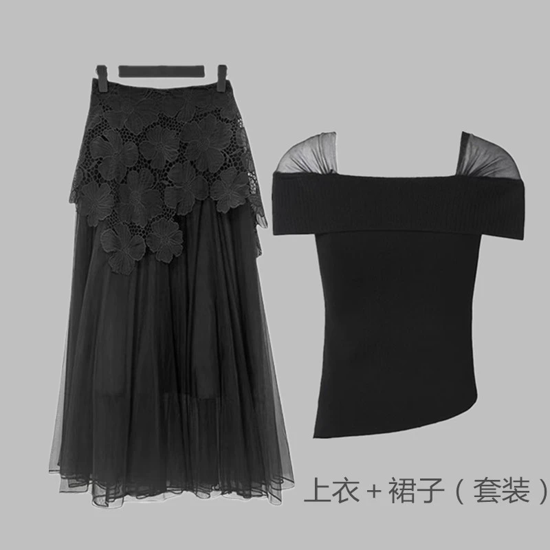 2025新款黑色女装蕾丝显瘦高腰纱裙不规则轻奢短款性感上衣套装