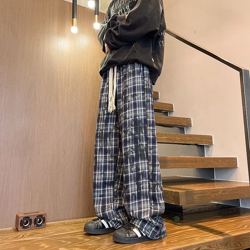 美式复古格子裤男2025春秋季爆款松紧腰裤子情侣直筒阔腿休闲长裤