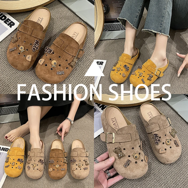 真皮包头外穿拖鞋网红爆款博肯拖鞋女2025夏季新款卡通镂空洞洞鞋