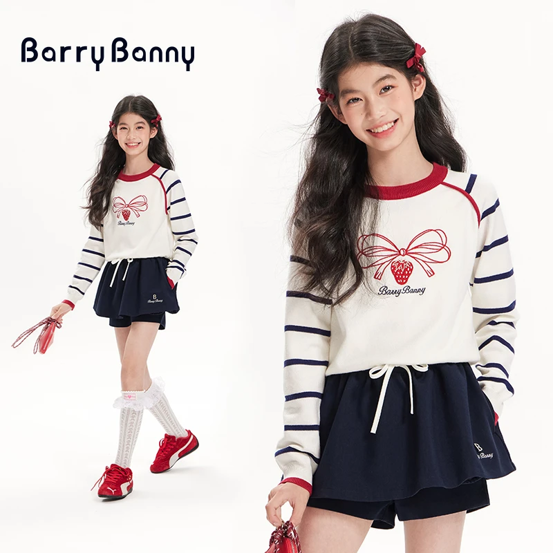 BarryBanny儿童草莓条纹针织衫2025春季新款休闲撞色长袖插肩T恤
