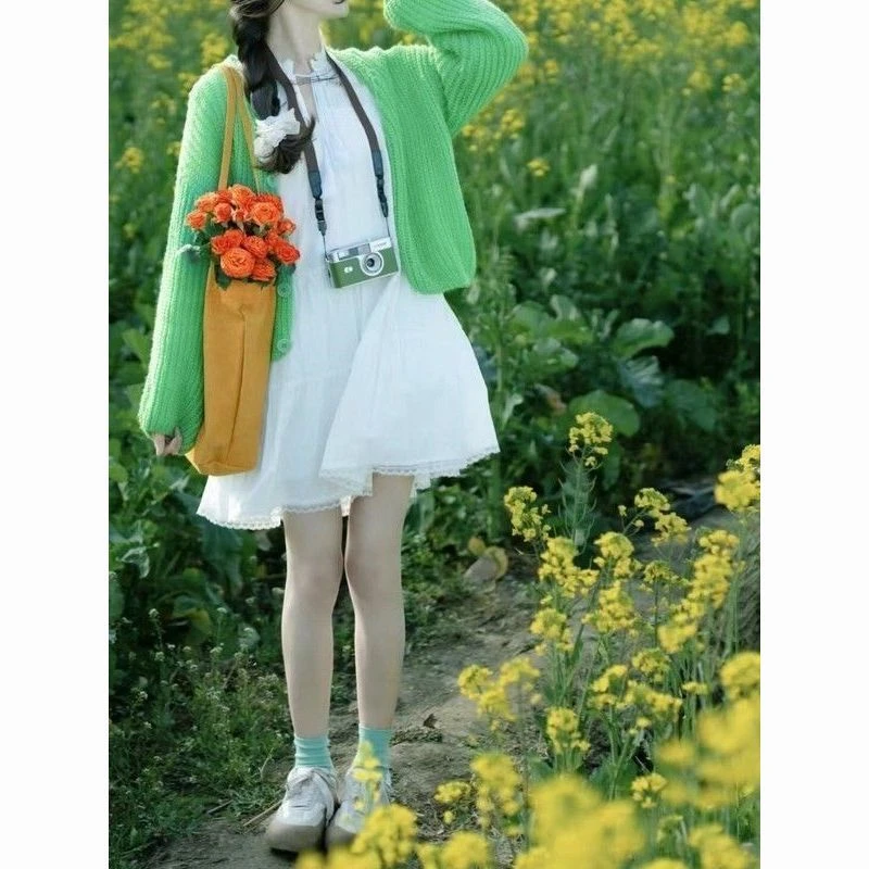 复古绿色v领浣熊绒毛衣开衫外套女春秋季宽松慵懒风针织衫