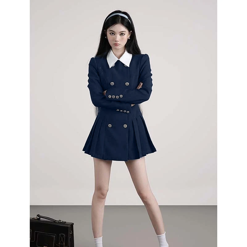 【潘潘】【有里布】气质显瘦西装连衣裙女春秋款设计感百褶短裙D3467