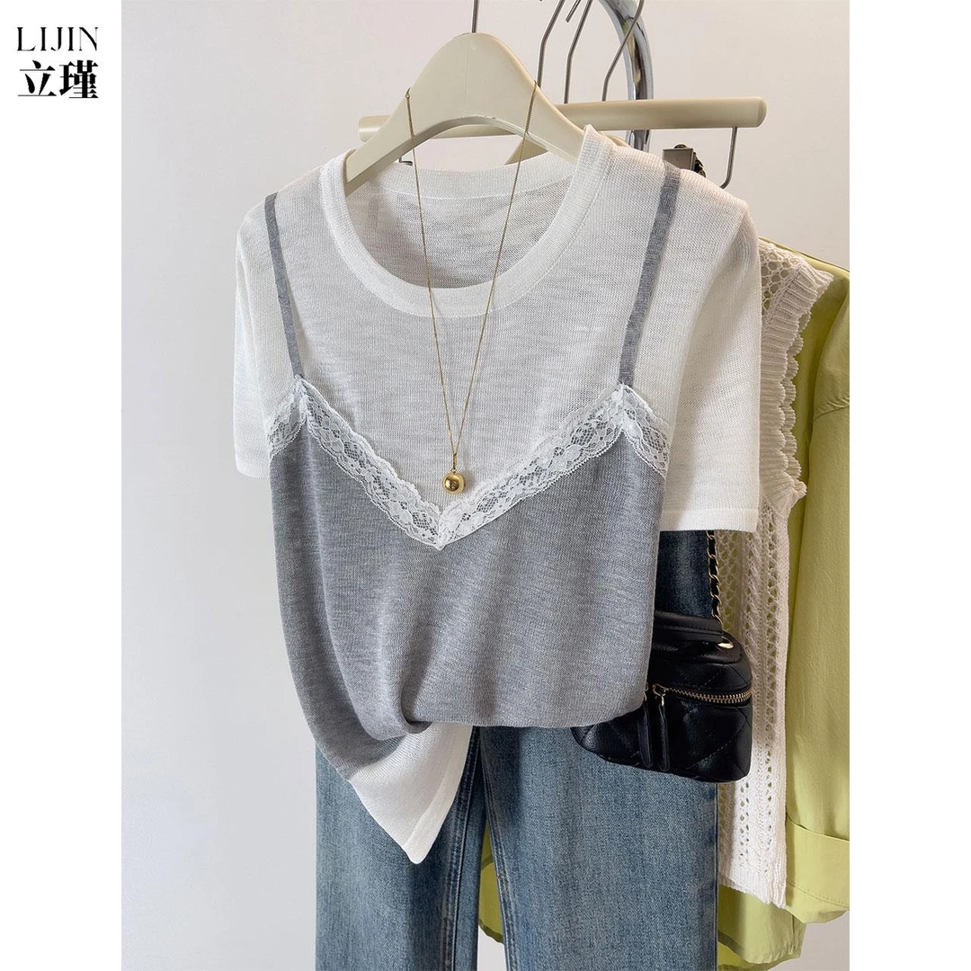 假两件蕾丝短袖t恤女夏季新款薄款高级针织衫正肩显瘦上衣设计感