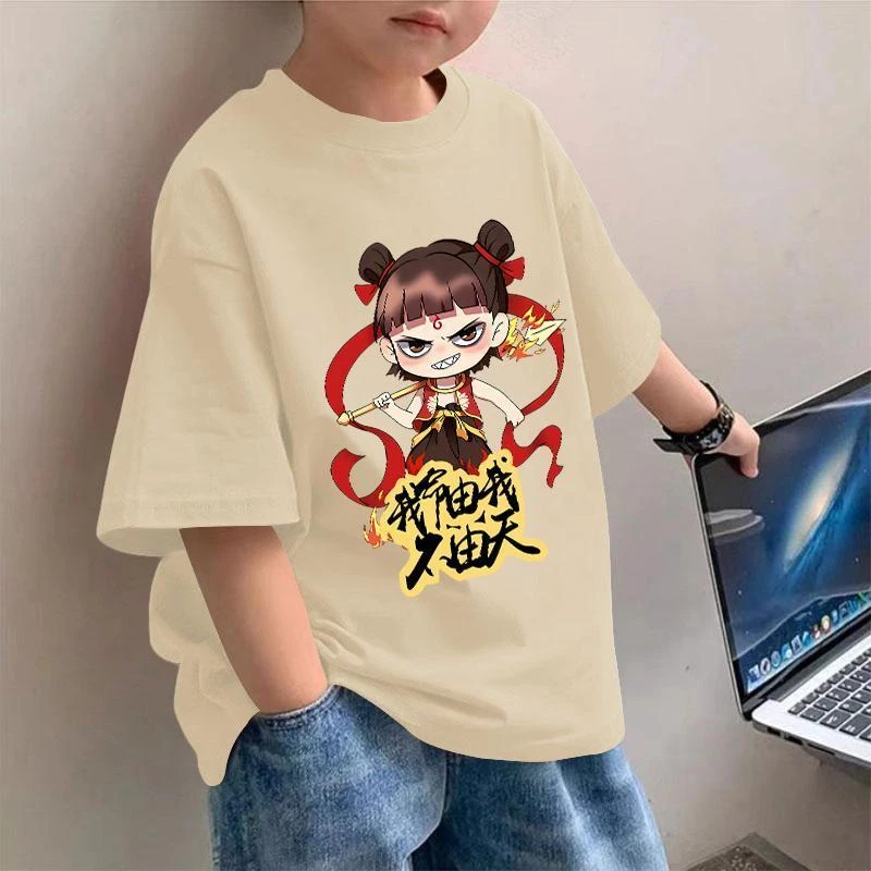 2025宽松哪吒圆领半袖T恤夏季儿童短袖新款卡通上衣中大纯棉男女