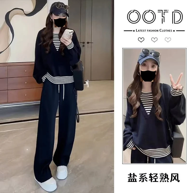 2025秋季新款韩系慵懒风长袖假两件针织上衣女阔腿裤两件套套装女
