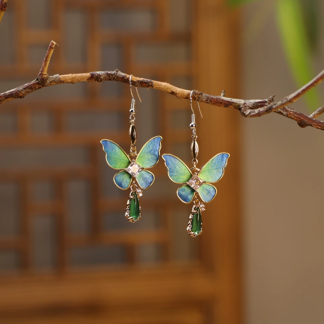 【星河入梦】非遗绒花千里江山色蝴蝶耳环-国风手工时尚百搭通勤款