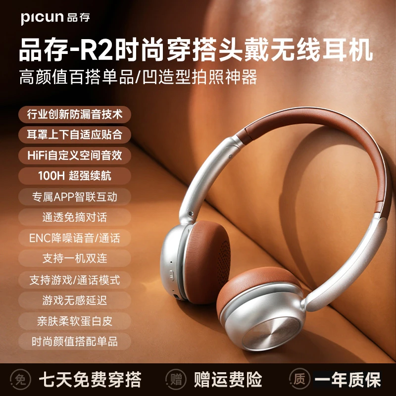 品存R2穿搭头戴式耳机小头复古美拉德风无线蓝牙降噪2024新款银棕