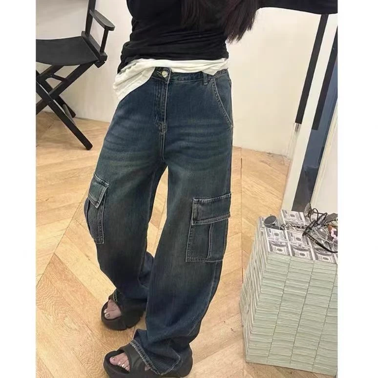 小静折扣~N1685L 美式高腰宽松工装牛仔直筒阔腿裤（卡码拍大）