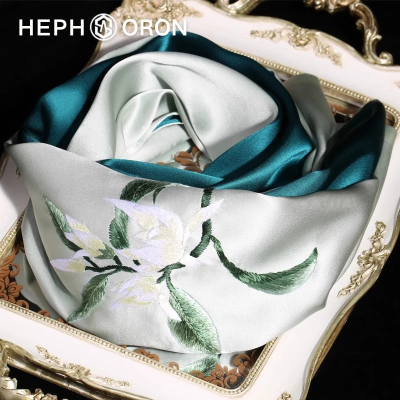 HEPHSORON苏绣丝巾礼盒送妈妈绿色刺绣百搭高级感桑蚕丝真丝围巾