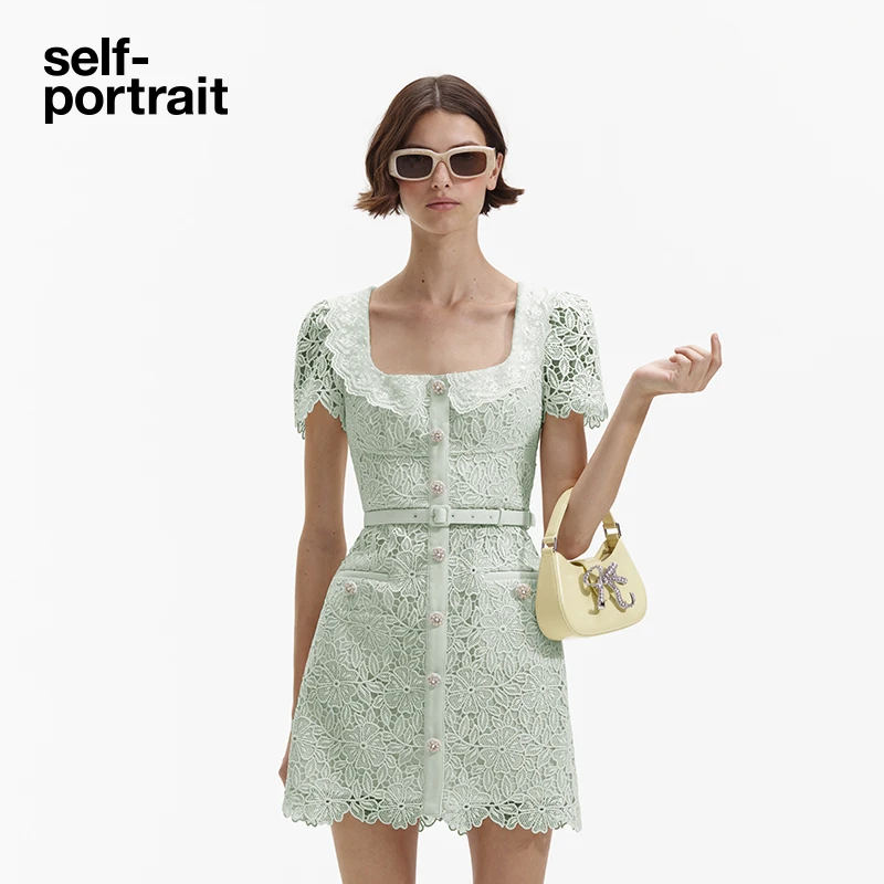 self-portrait 薄荷绿方领甜美气质提花蕾丝短袖连衣裙