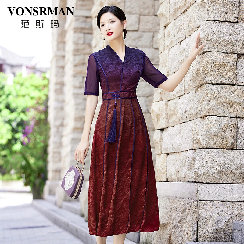 VONSRMAN新中式旗袍连衣裙2025新款夏季时尚年轻款气质修身中长裙