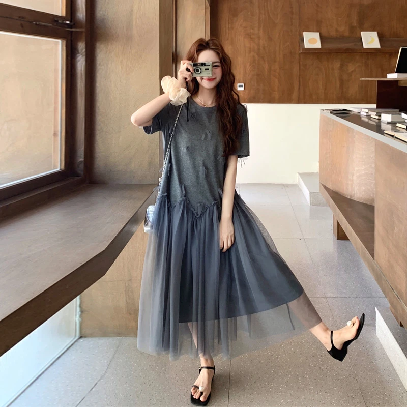 法式氛围感连衣裙夏季女2025新款松弛感穿搭遮肉显瘦网纱拼接裙子