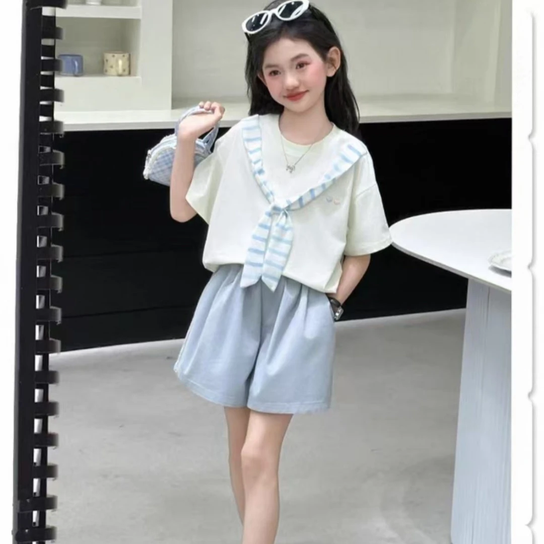 女童夏季新款时尚条纹披肩短袖短裤套装2025新款宽松学院风