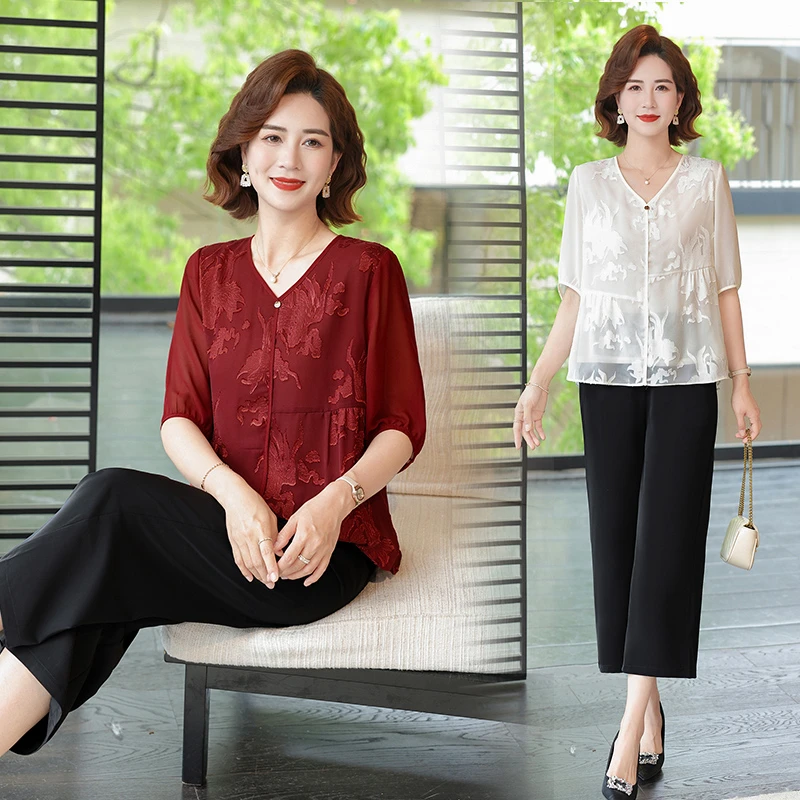 妈妈夏季新款套装气质时尚大码妈妈装洋气宽松显瘦中老年休闲上衣