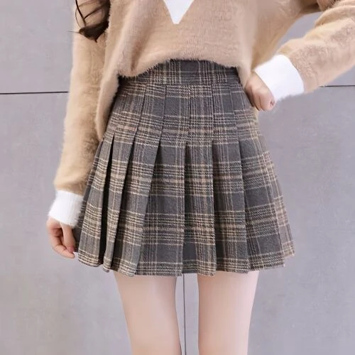 格子毛呢百褶裙女显瘦百搭短裙新款高腰半身裙学院风打底字裙子